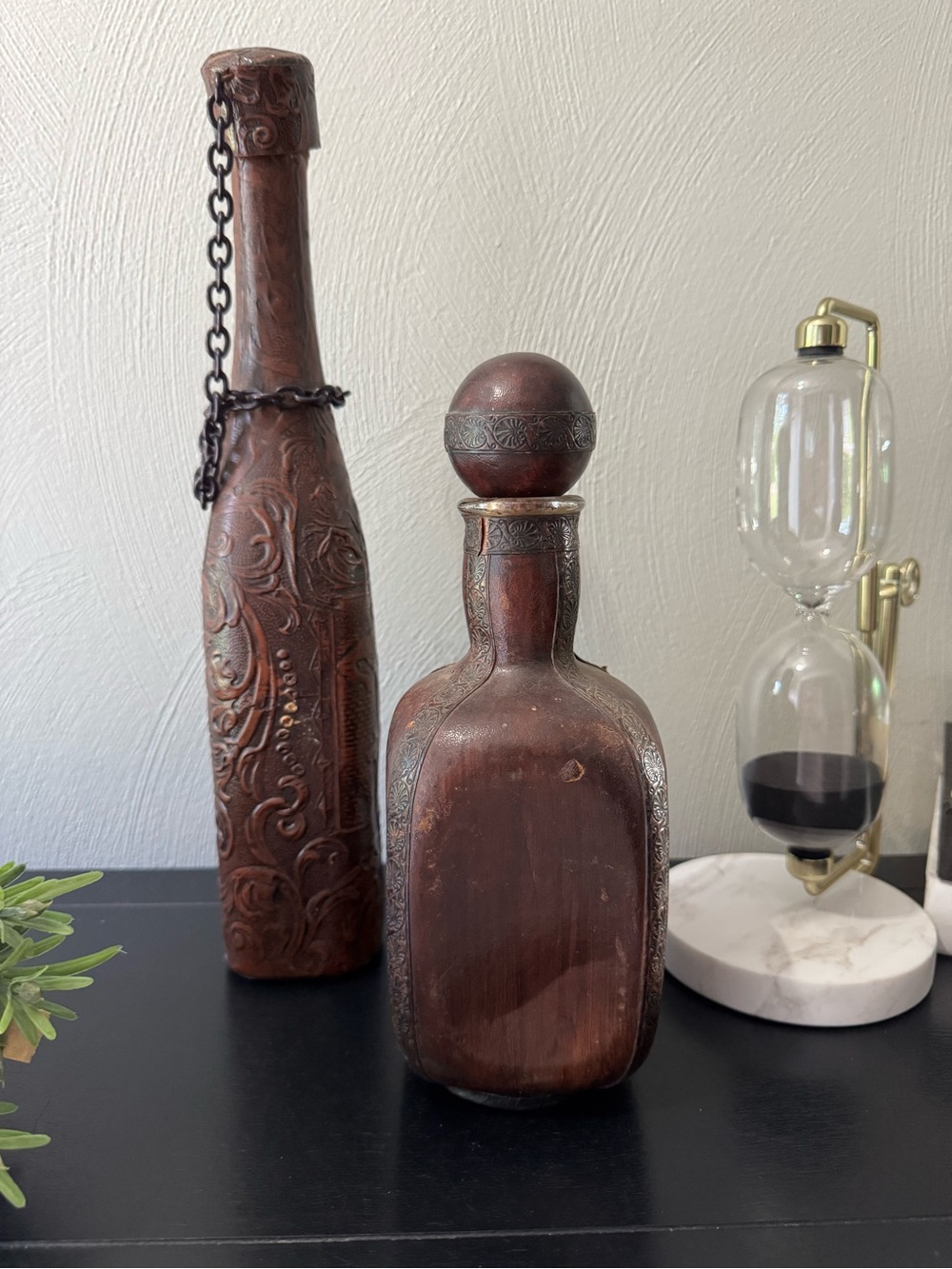 Vintage leather wrapped glass decanters - Picture 4 of 13